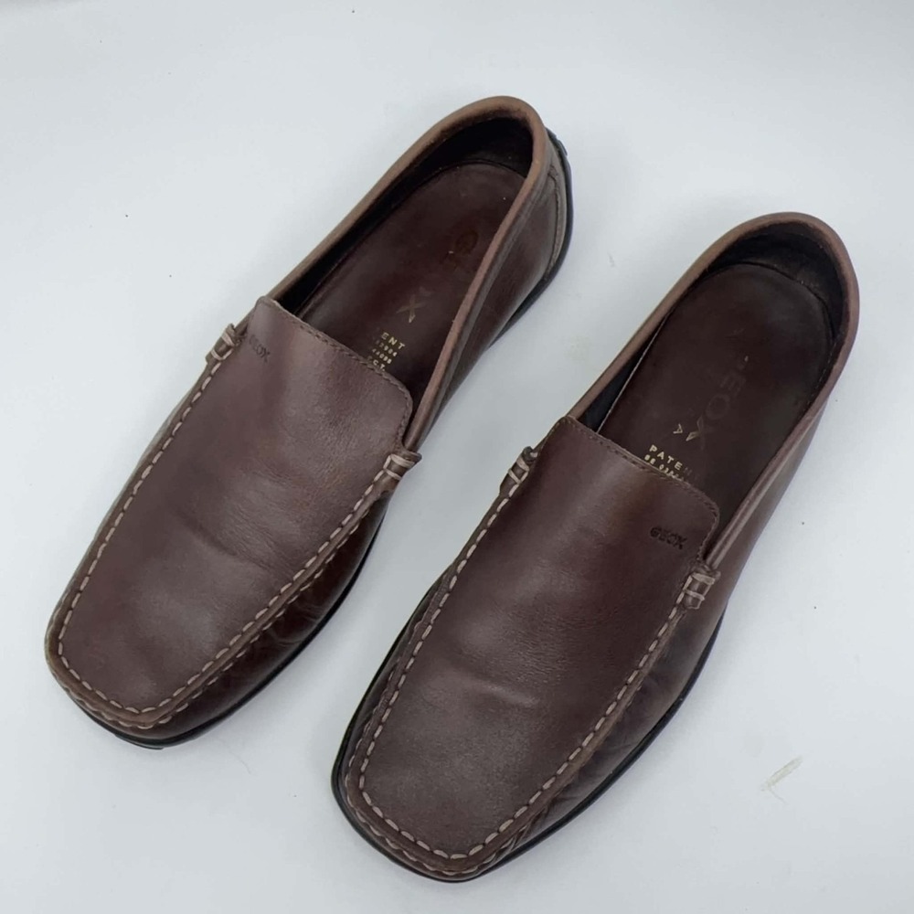 Geox Respira Brown Leather Slip On Loafers Men's 44 US 11 Moc Toe Driving Shoes